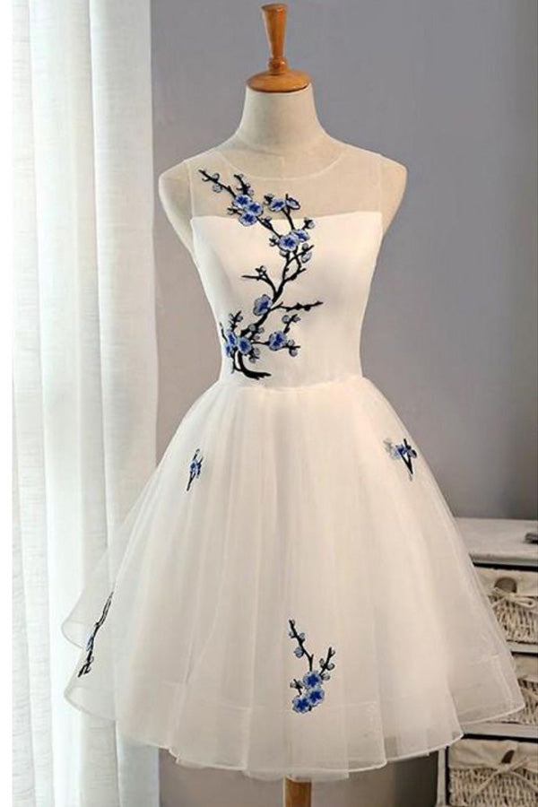 Ivory Sheer Sleeveless Floral Short Homecoming Dresses Customized