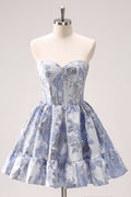 Cute Blue A Line Sweetheart Print Corset Short Homecoming Dress with Ruffles Customized