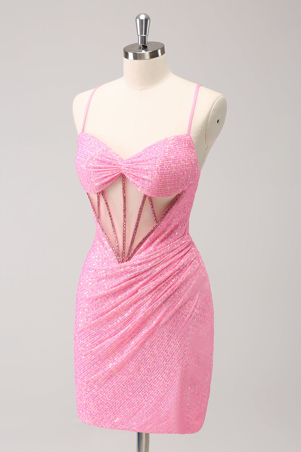 Stylish Sparkly Unique Pink Tight Sequin Corset Homecoming Dress with Lace Up Back Customized