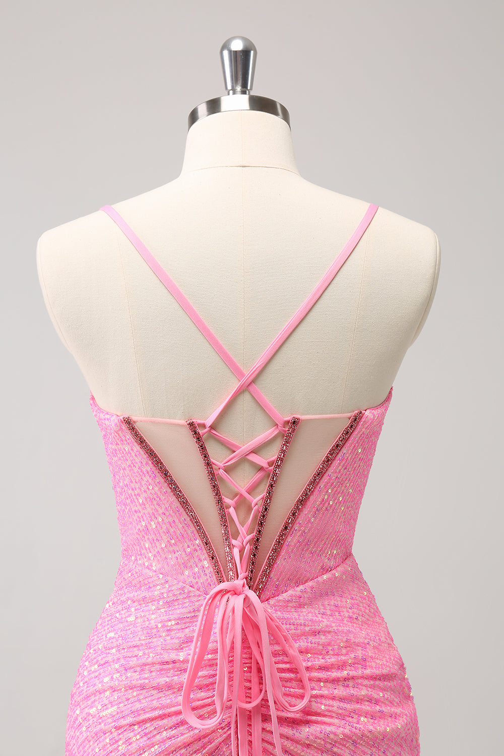 Stylish Sparkly Unique Pink Tight Sequin Corset Homecoming Dress with Lace Up Back Customized