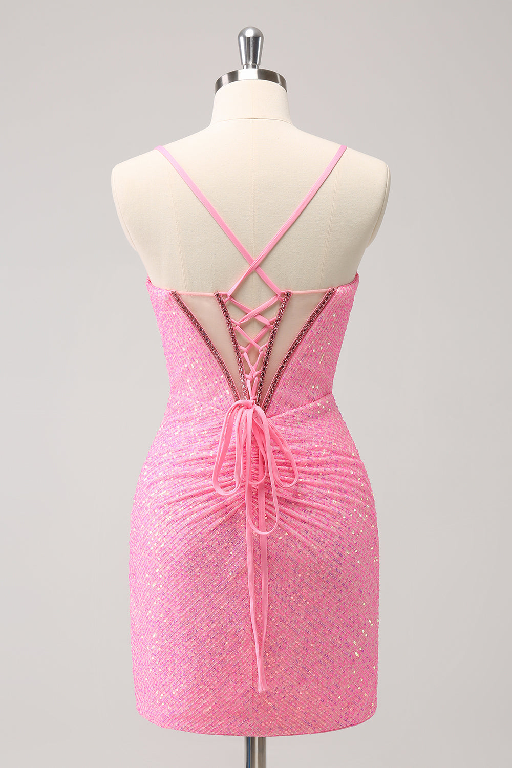 Stylish Sparkly Unique Pink Tight Sequin Corset Homecoming Dress with Lace Up Back Customized