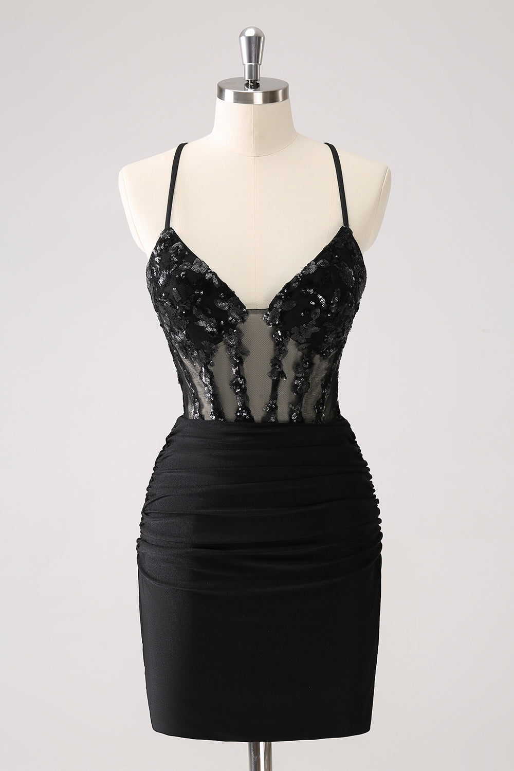 Sparkly Unique Black Tight Spaghetti Straps Sequin Homecoming Dress with Lace Up Back Customized