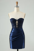 Navy Bodycon Sweetheart Corset Beaded Short Homecoming Dress with Hollow Out Customized