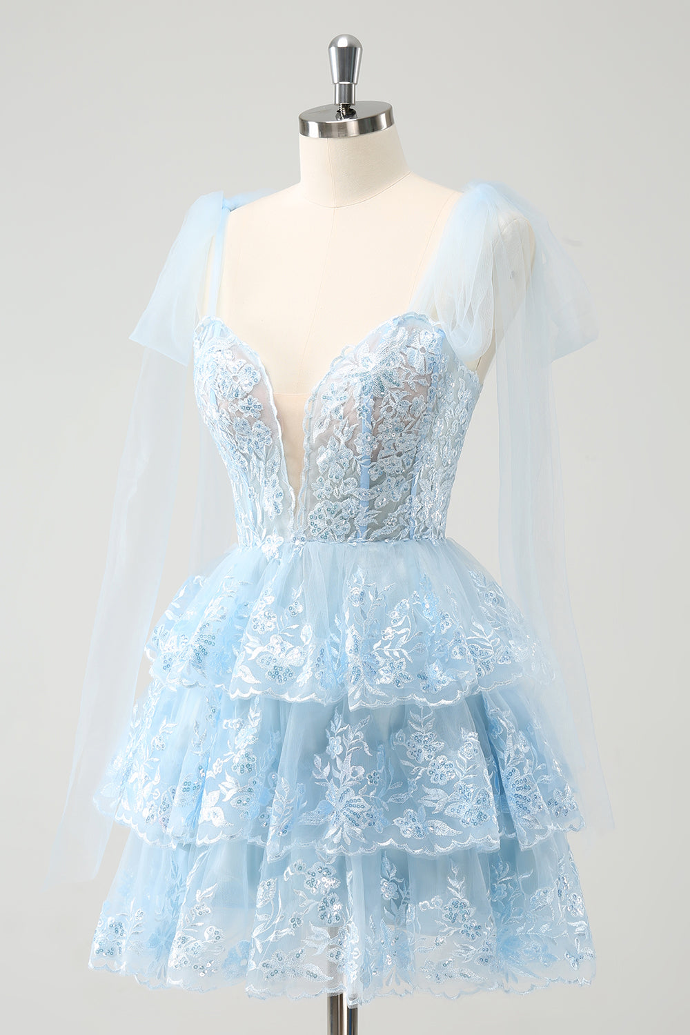 Cute Sparkly Blue A Line V Neck Corset Tiered Short Homecoming Dress Customized