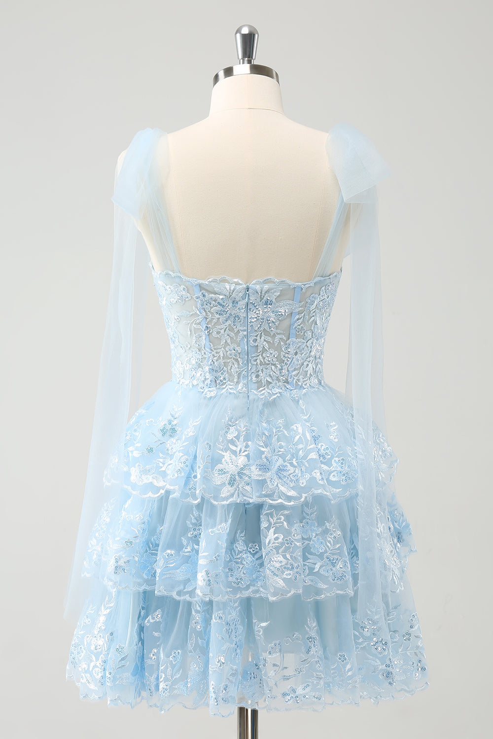Cute Sparkly Blue A Line V Neck Corset Tiered Short Homecoming Dress Customized