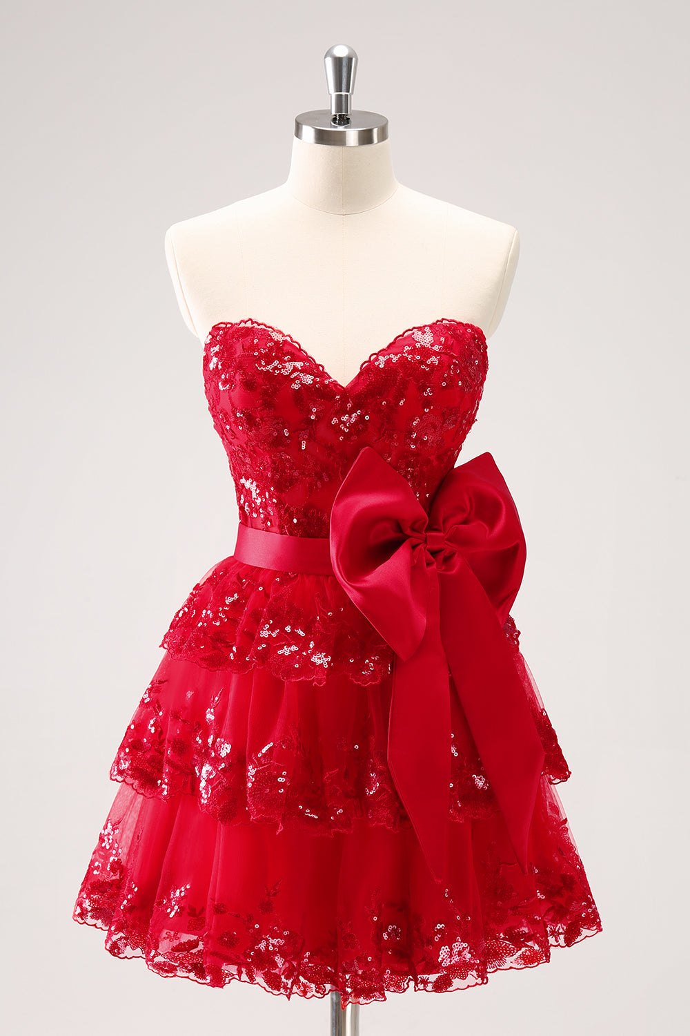 Sparkly Red A Line Sweetheart Corset Tiered Ruffle Homecoming Dress with Bows Customized