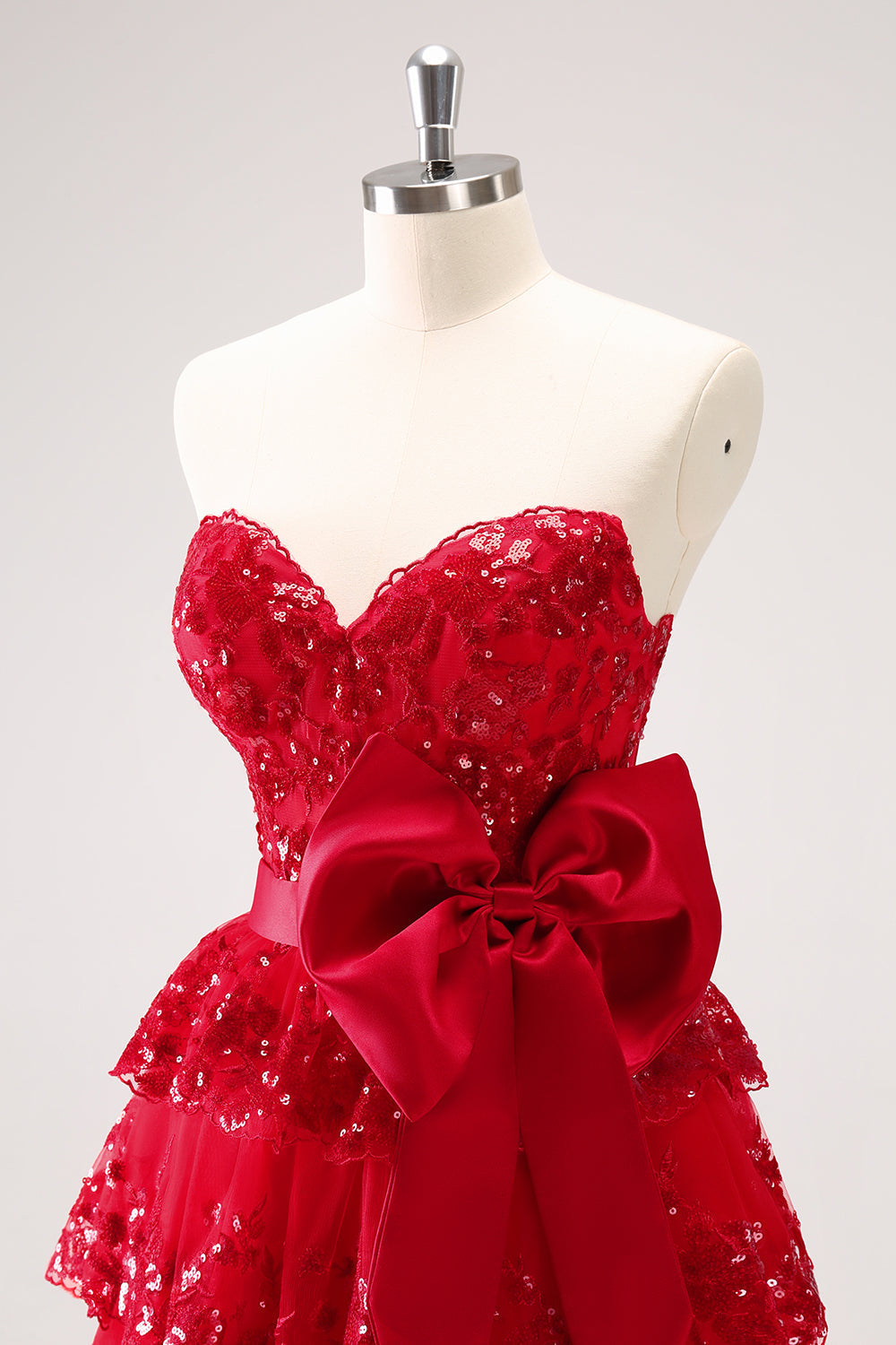 Sparkly Red A Line Sweetheart Corset Tiered Ruffle Homecoming Dress with Bows Customized