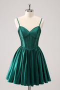 Cute Dark Green A Line Spaghetti Straps Ruffle Corset Short Homecoming Dress with Beading Customized