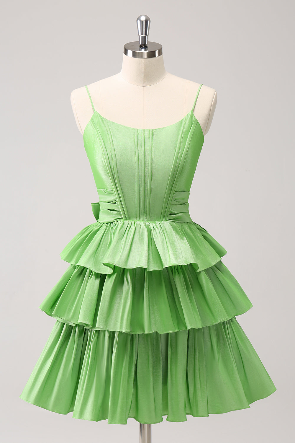 Cute Green A Line Spaghetti Straps Corset Tiered Ruffle Homecoming Dress with Bow Customized