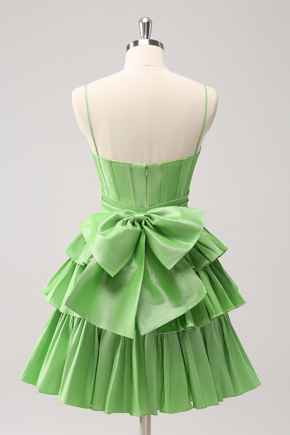 Cute Green A Line Spaghetti Straps Corset Tiered Ruffle Homecoming Dress with Bow Customized