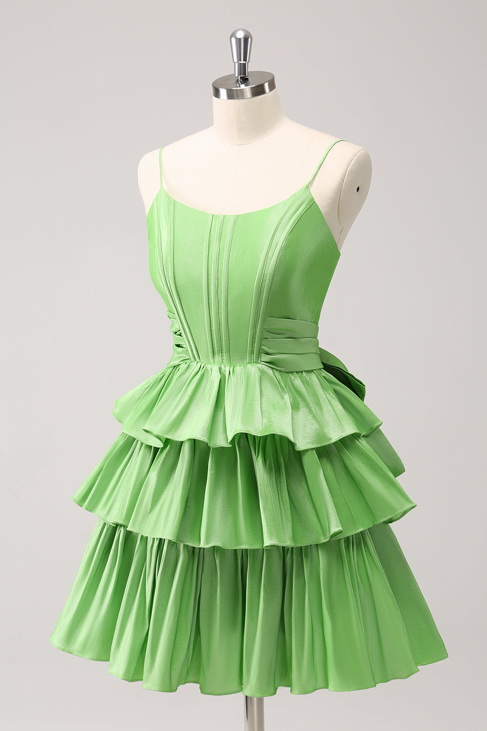 Cute Green A Line Spaghetti Straps Corset Tiered Ruffle Homecoming Dress with Bow Customized