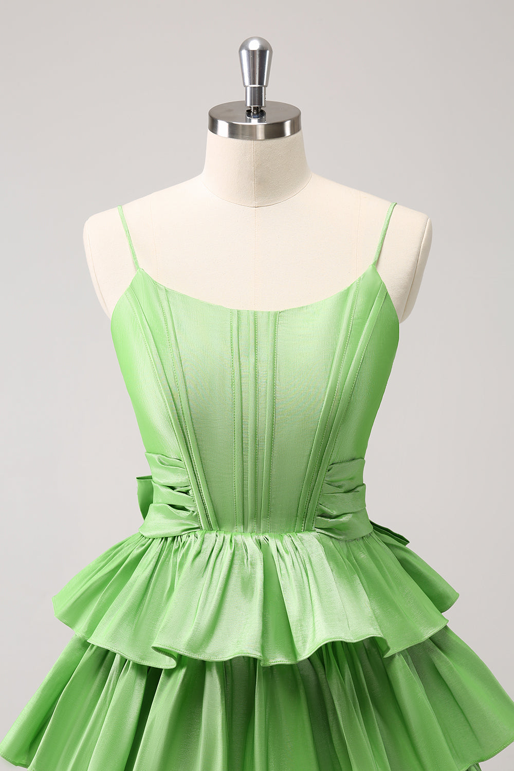 Cute Green A Line Spaghetti Straps Corset Tiered Ruffle Homecoming Dress with Bow Customized