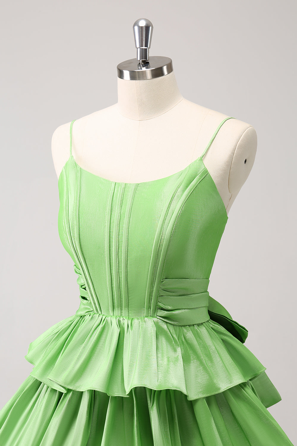 Cute Green A Line Spaghetti Straps Corset Tiered Ruffle Homecoming Dress with Bow Customized