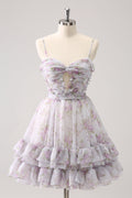 Cute Lilac A Line Cut Out Tiered Print Floral Homecoming Dress with Ruffles Customized