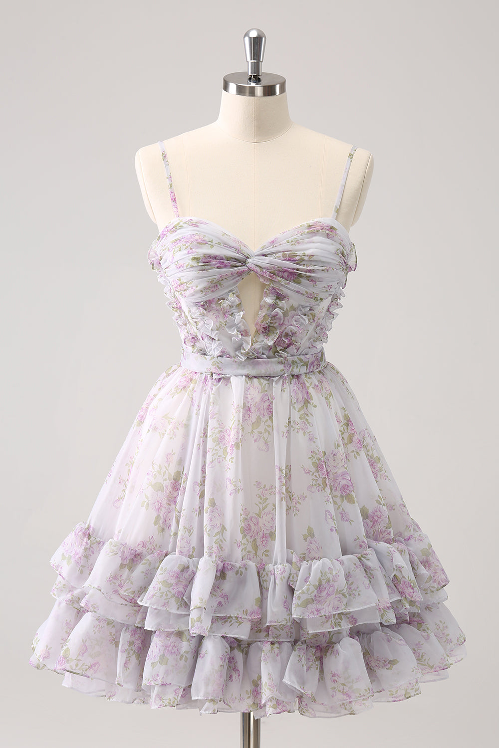 Cute Lilac A Line Cut Out Tiered Print Floral Homecoming Dress with Ruffles Customized