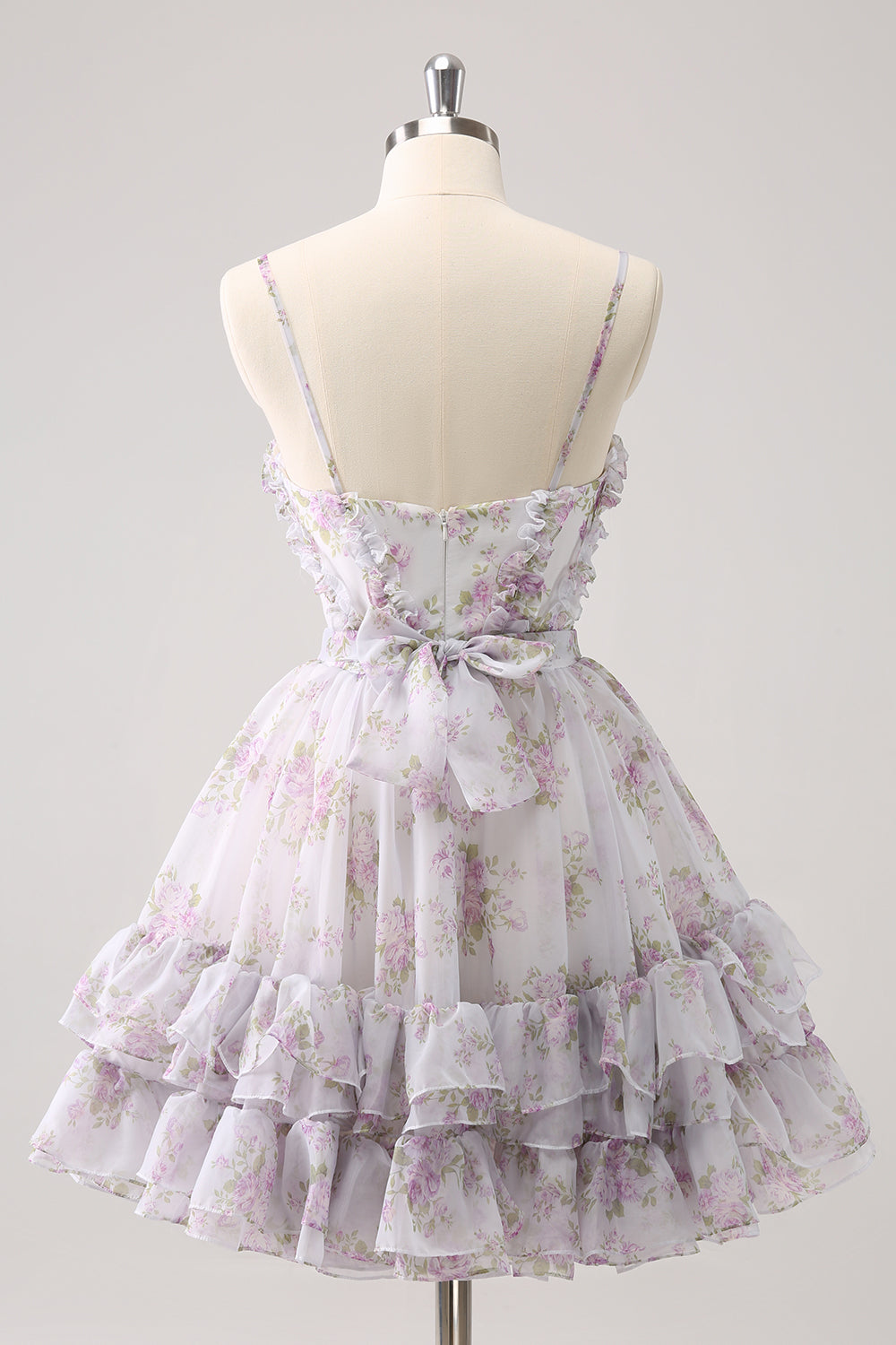 Cute Lilac A Line Cut Out Tiered Print Floral Homecoming Dress with Ruffles Customized