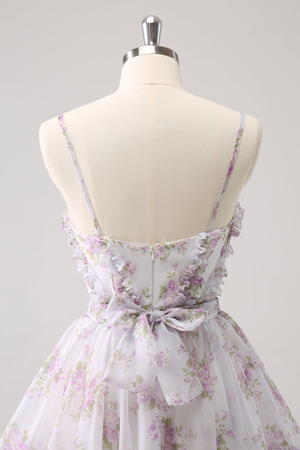 Cute Lilac A Line Cut Out Tiered Print Floral Homecoming Dress with Ruffles Customized