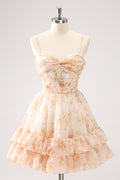 Cute Yellow A Line Cut Out Tiered Print Floral Homecoming Dress with Ruffles Customized