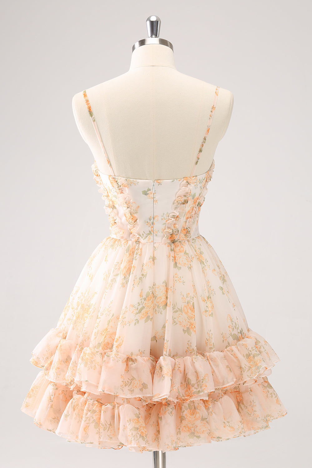 Cute Yellow A Line Cut Out Tiered Print Floral Homecoming Dress with Ruffles Customized