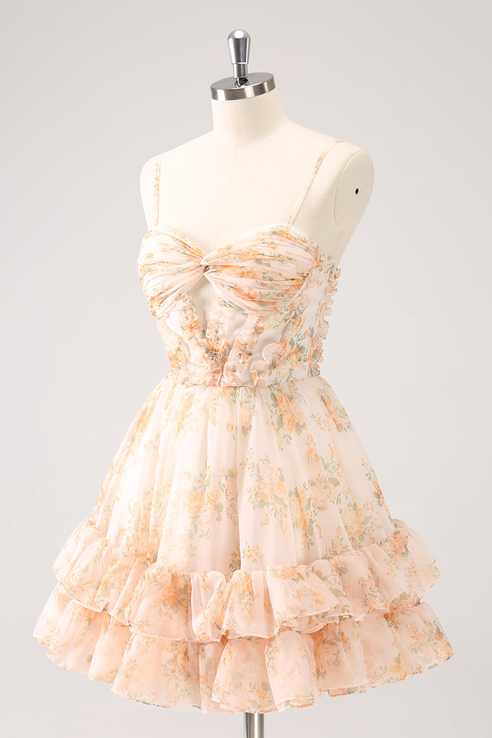 Cute Yellow A Line Cut Out Tiered Print Floral Homecoming Dress with Ruffles Customized