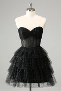 Cute Sparkly Black A Line Sweetheart Pleated Corset Homecoming Dress with Sequins Customized