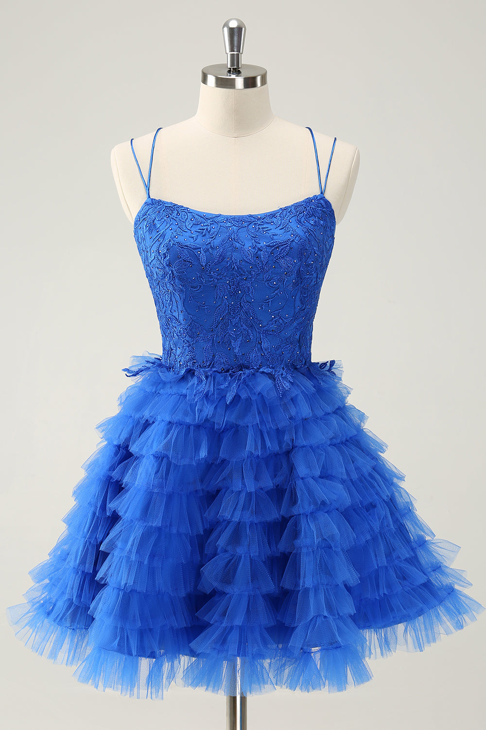 Cute Blue A Line Lace Up Back Tiered Short Homecoming Dress with Beading Customized