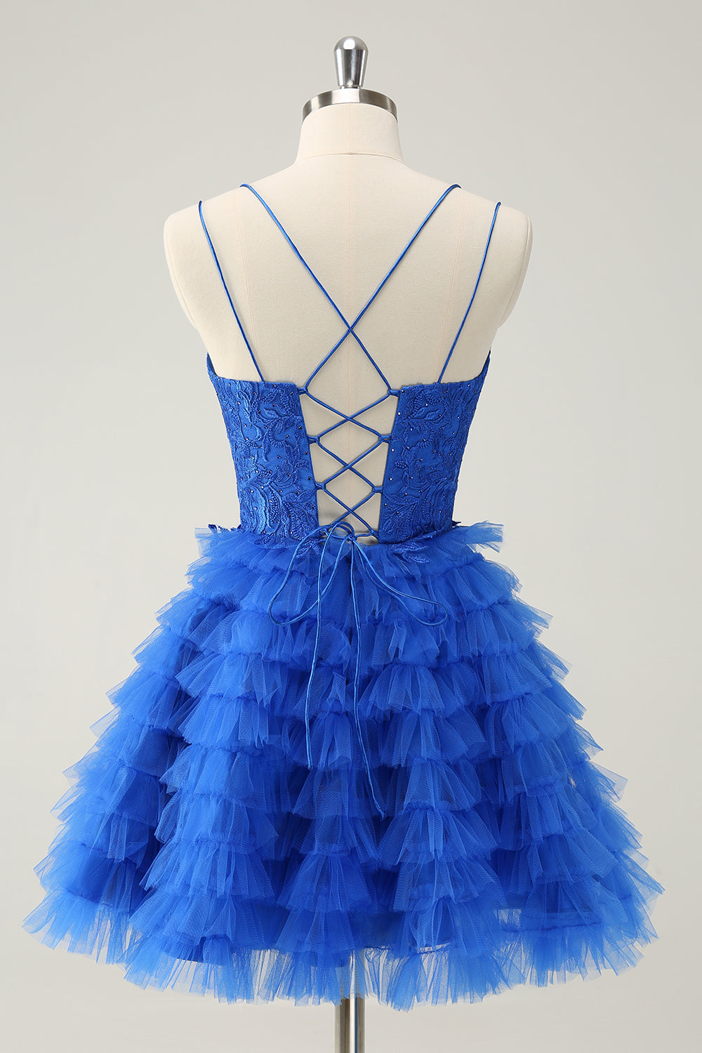 Cute Blue A Line Lace Up Back Tiered Short Homecoming Dress with Beading Customized