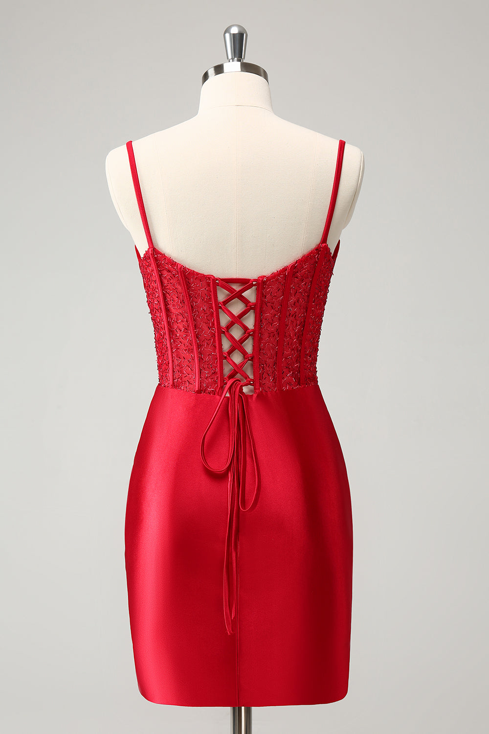 Stylish Red Bodycon Spaghetti Straps Corset Short Homecoming Dress with Lace Up Back Customized