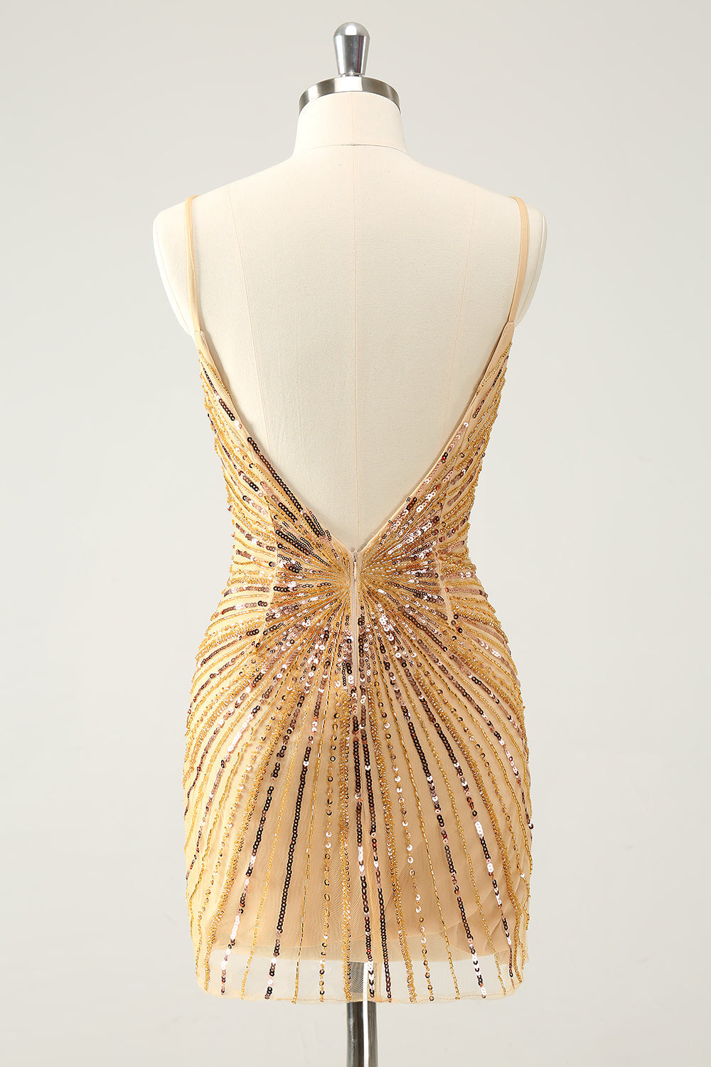 Unique Golden Tight Spaghetti Straps Backless Short Homecoming Dress with Sequins Customized