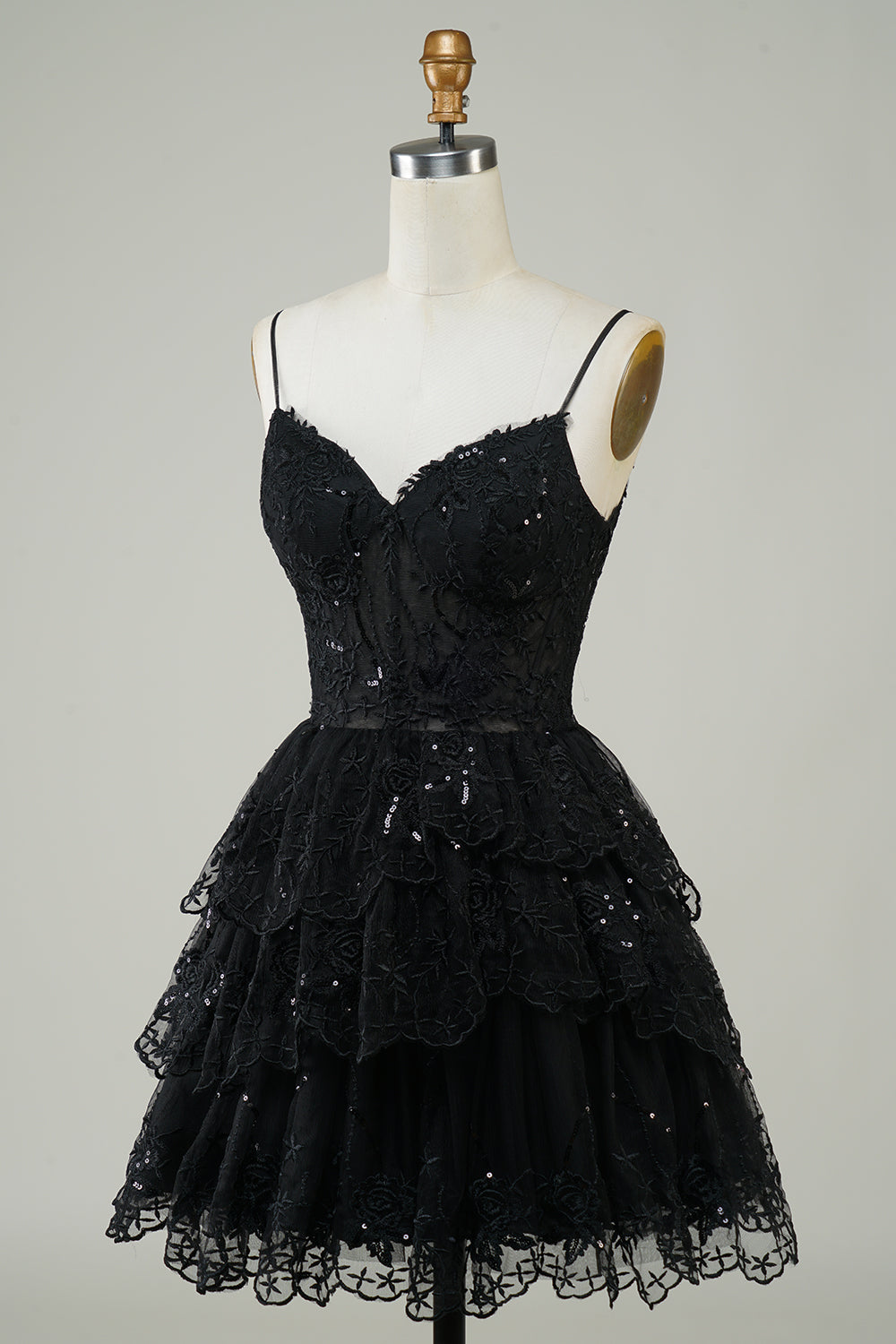 Cute Black A Line Sparkly Sequin Tiered Corset Short Homecoming Dress Customized