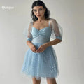 Qunque Sky Blue Star Tulle Homecoming Dresses Cap Sleeves Above Knee Illusion Cocktail Dresses Vestidos De Novia Party Dress Customized