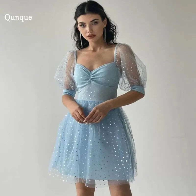Qunque Sky Blue Star Tulle Homecoming Dresses Cap Sleeves Above Knee Illusion Cocktail Dresses Vestidos De Novia Party Dress Customized