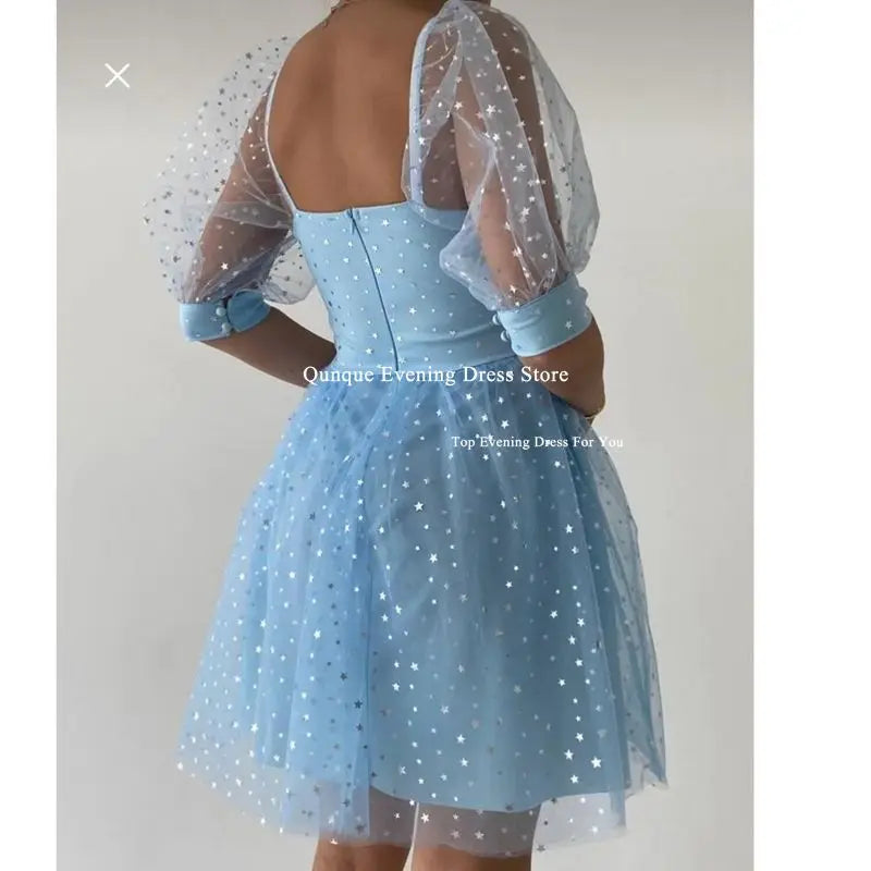 Qunque Sky Blue Star Tulle Homecoming Dresses Cap Sleeves Above Knee Illusion Cocktail Dresses Vestidos De Novia Party Dress Customized