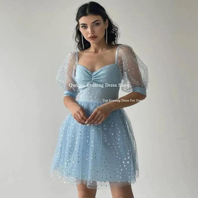 Qunque Sky Blue Star Tulle Homecoming Dresses Cap Sleeves Above Knee Illusion Cocktail Dresses Vestidos De Novia Party Dress Customized