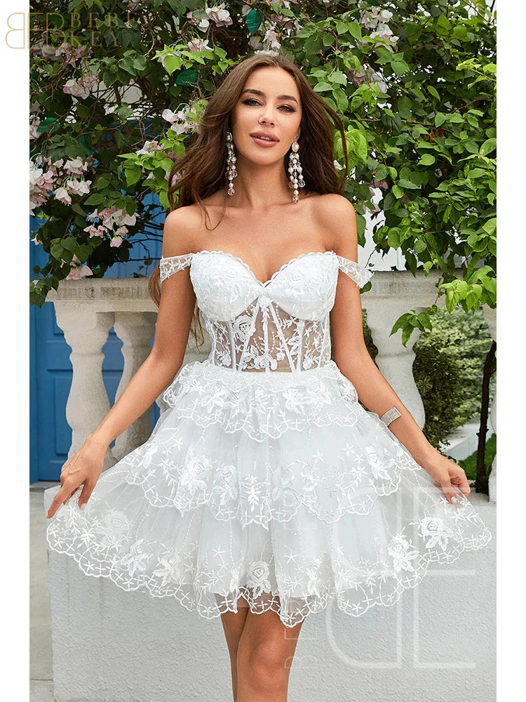 Sparkly Sky Blue Corset Tiered Short Homecoming Dress with Lace  Off the shoulder Prom Dress Formal Dress robe de soiree Customized