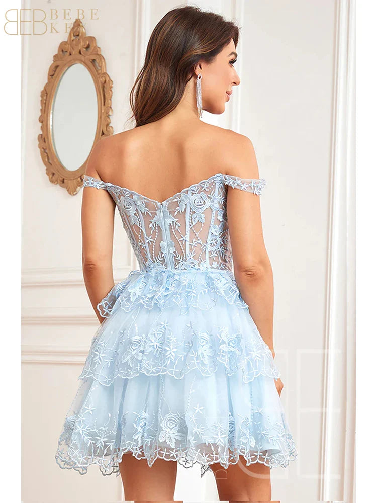 Sparkly Sky Blue Corset Tiered Short Homecoming Dress with Lace  Off the shoulder Prom Dress Formal Dress robe de soiree Customized