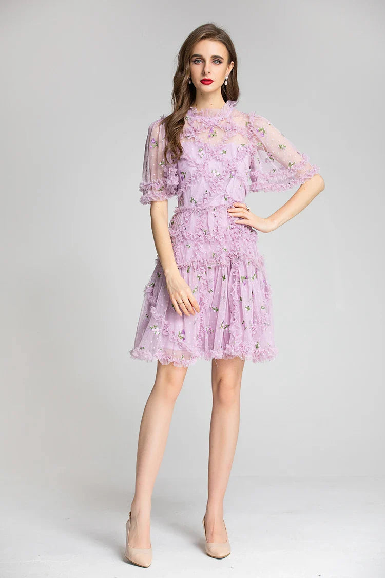 Women's Runway Dress O Neck Short Sleeves Ruffles Sexy Tulle Laid Over Fashion Designer Homecoming dress Customized