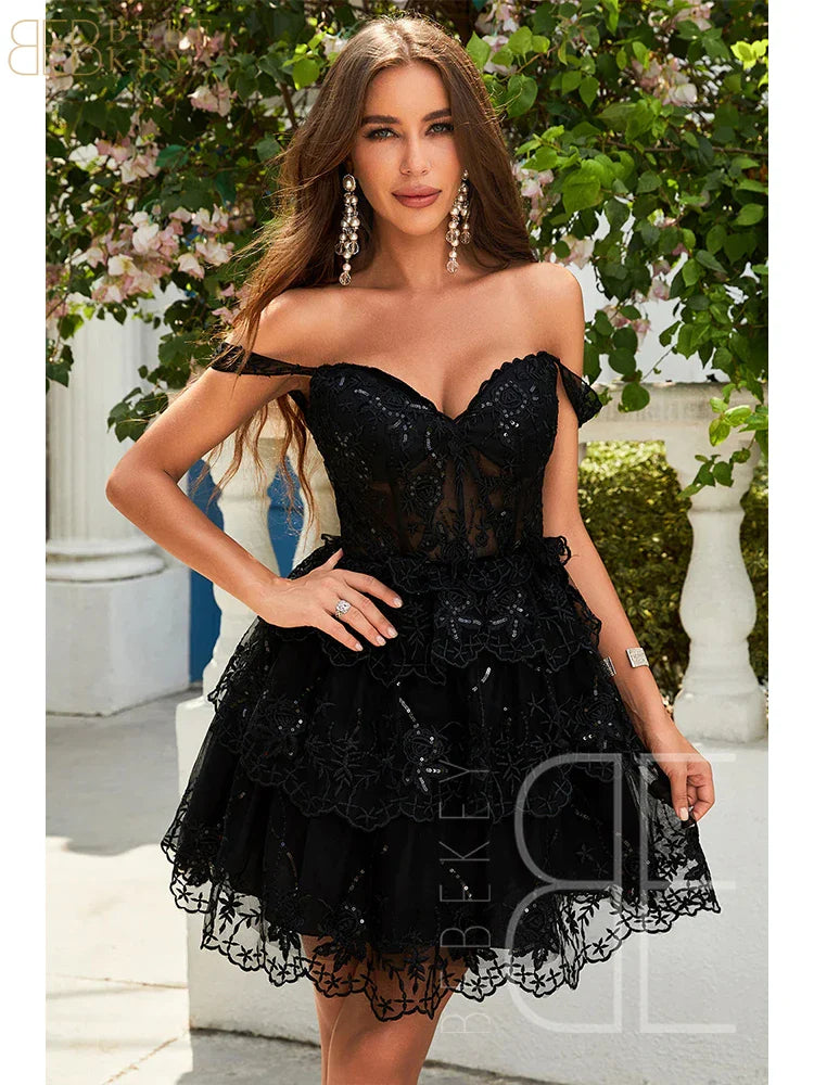 Sparkly Sky Blue Corset Tiered Short Homecoming Dress with Lace  Off the shoulder Prom Dress Formal Dress robe de soiree Customized