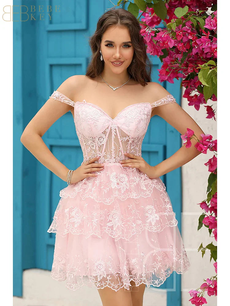 Sparkly Sky Blue Corset Tiered Short Homecoming Dress with Lace  Off the shoulder Prom Dress Formal Dress robe de soiree Customized
