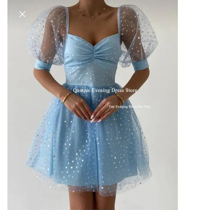 Qunque Sky Blue Star Tulle Homecoming Dresses Cap Sleeves Above Knee Illusion Cocktail Dresses Vestidos De Novia Party Dress Customized
