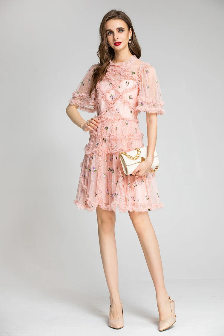 Women's Runway Dress O Neck Short Sleeves Ruffles Sexy Tulle Laid Over Fashion Designer Homecoming dress Customized