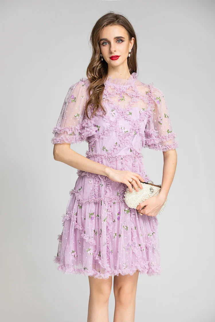 Women's Runway Dress O Neck Short Sleeves Ruffles Sexy Tulle Laid Over Fashion Designer Homecoming dress Customized