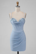 Light Blue Bodycon Spaghetti Straps Corset Short Homecoming Dress Customized