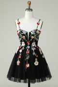 Black A Line Spaghetti Straps Sequin Homecoming Dress with Flowers Customized