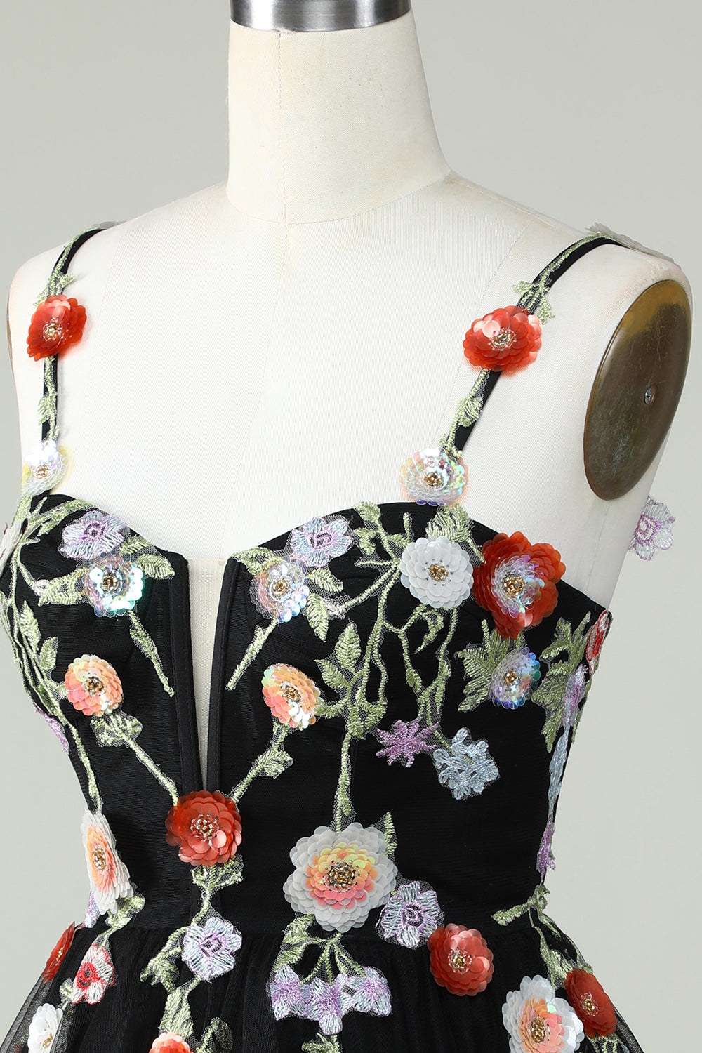 Black A Line Spaghetti Straps Sequin Homecoming Dress with Flowers Customized