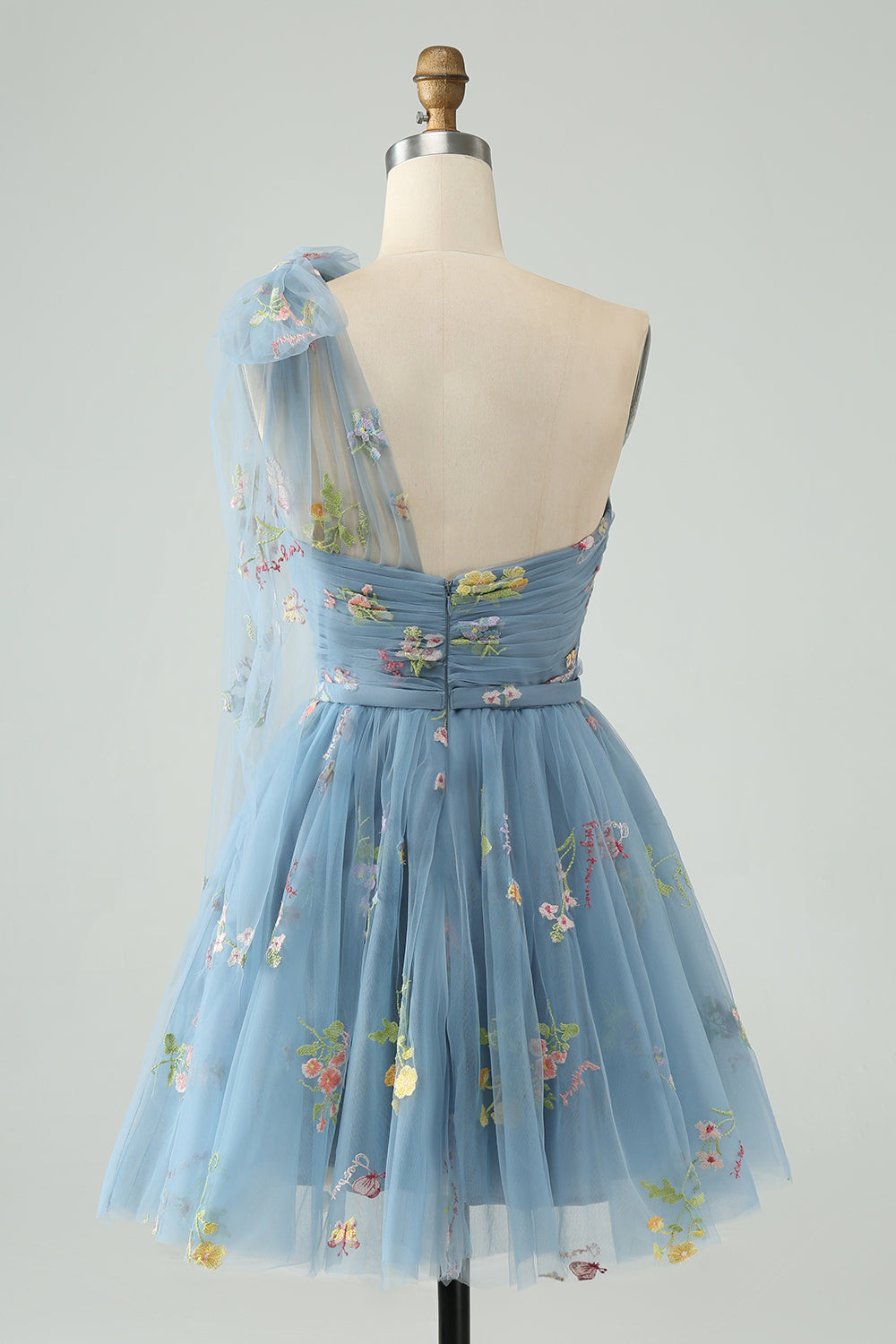 A Line One Shoulder Grey Blue Tulle Homecoming Dress with Floral Embroidery Customized