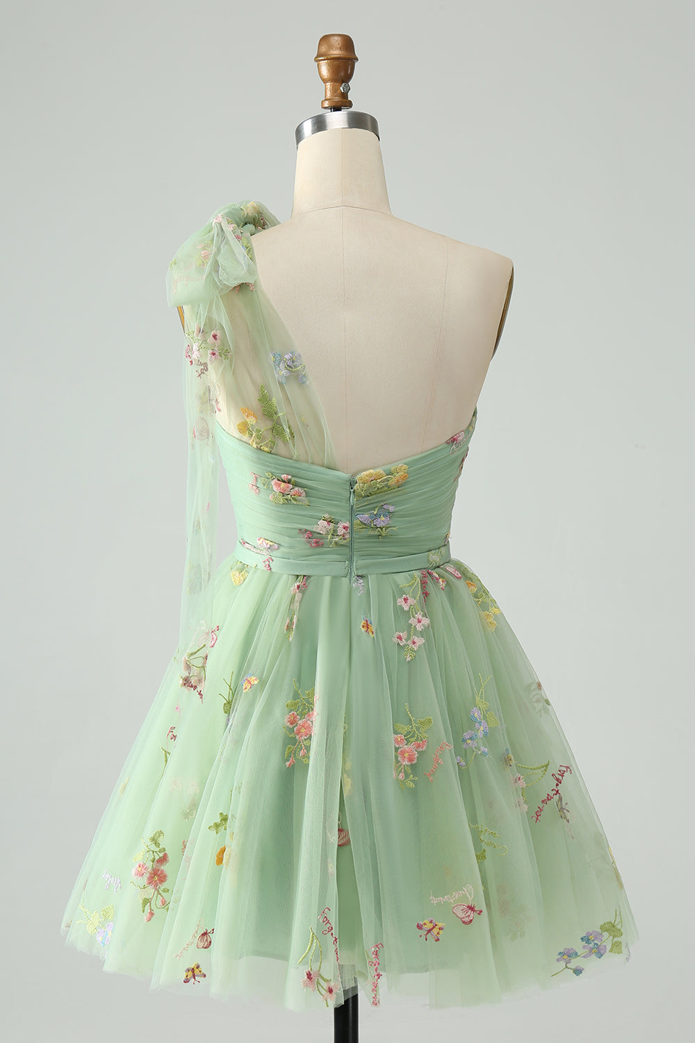 Light Green A Line One Shoulder Tulle Homecoming Dress with Floral Embroidery Customized