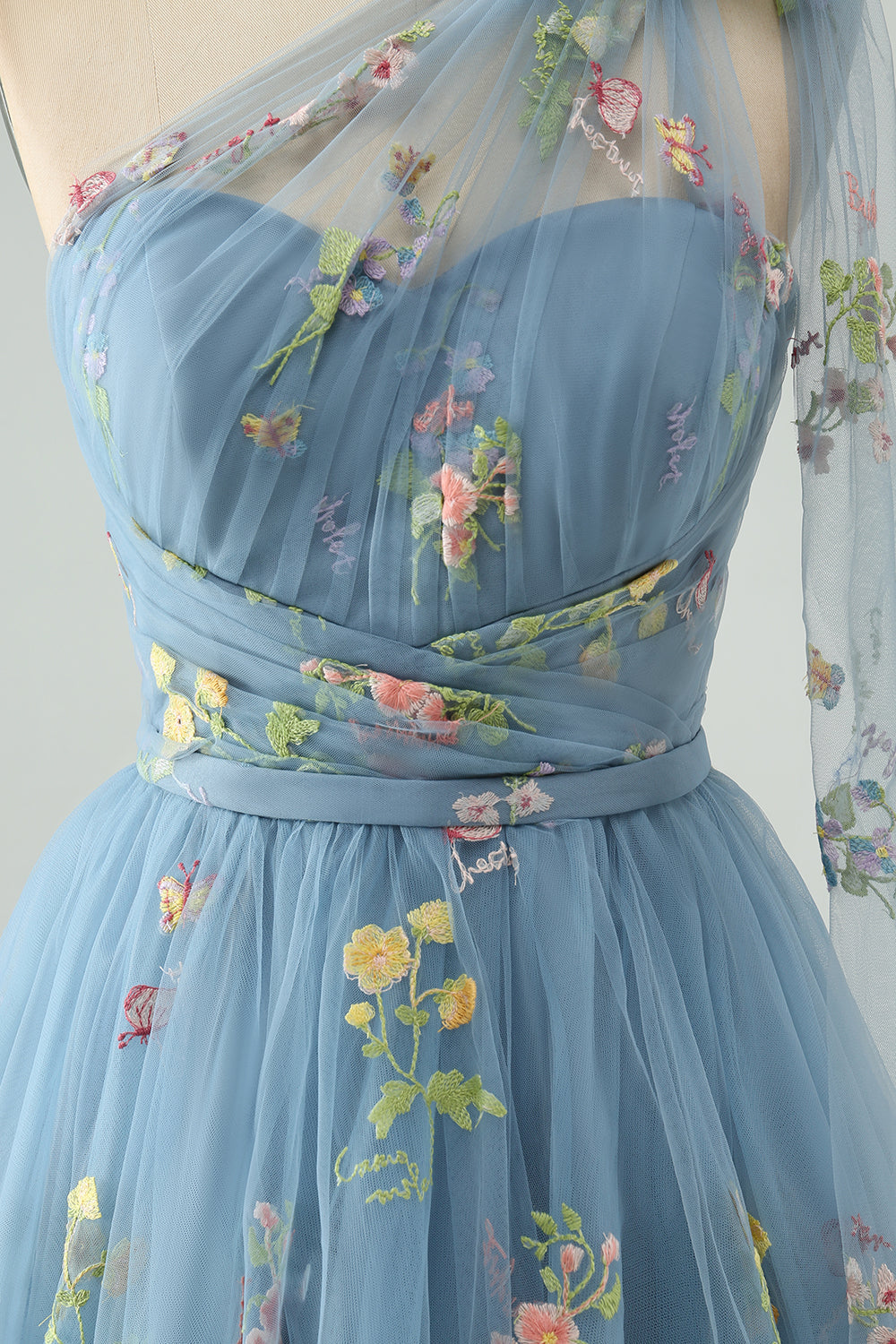 A Line One Shoulder Grey Blue Tulle Homecoming Dress with Floral Embroidery Customized