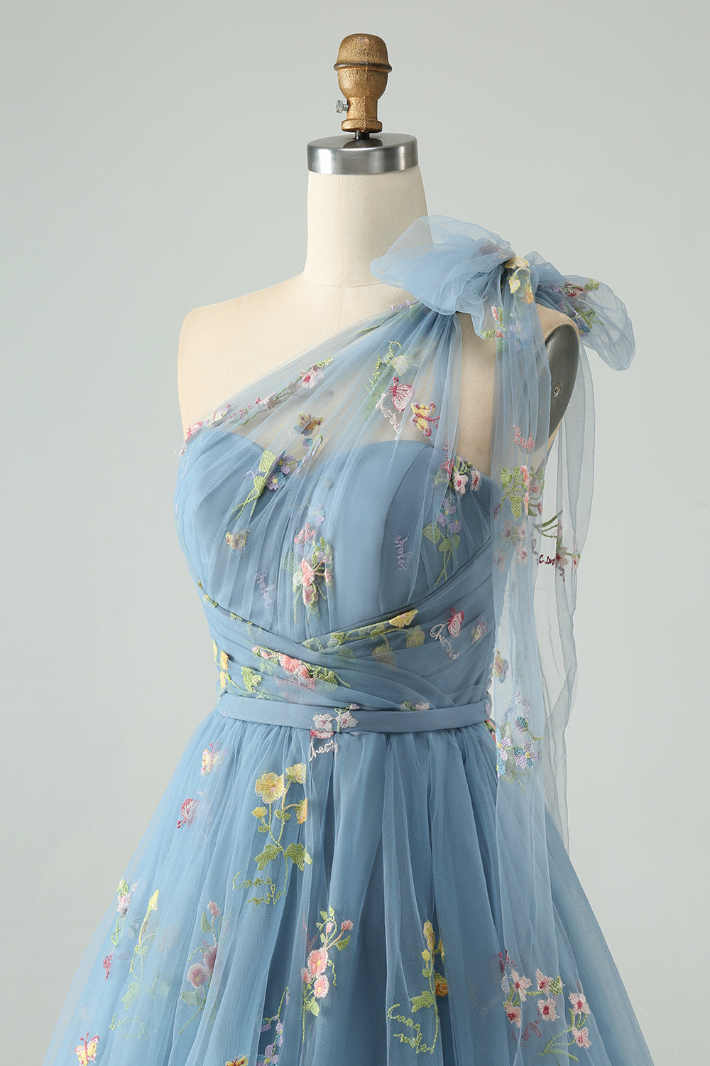 A Line One Shoulder Grey Blue Tulle Homecoming Dress with Floral Embroidery Customized