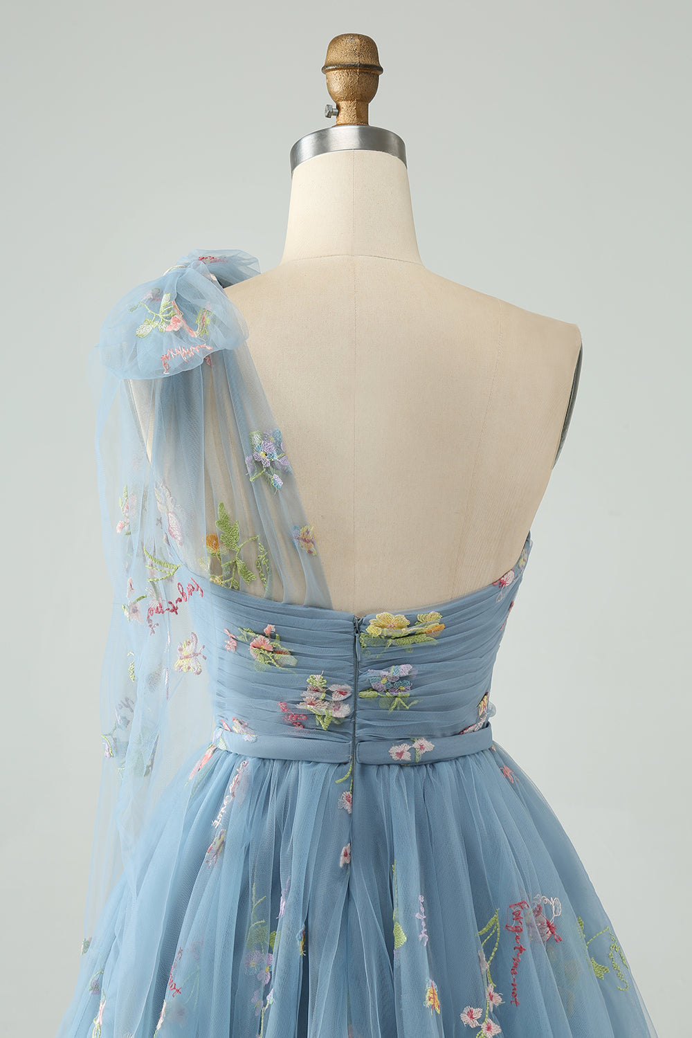 A Line One Shoulder Grey Blue Tulle Homecoming Dress with Floral Embroidery Customized
